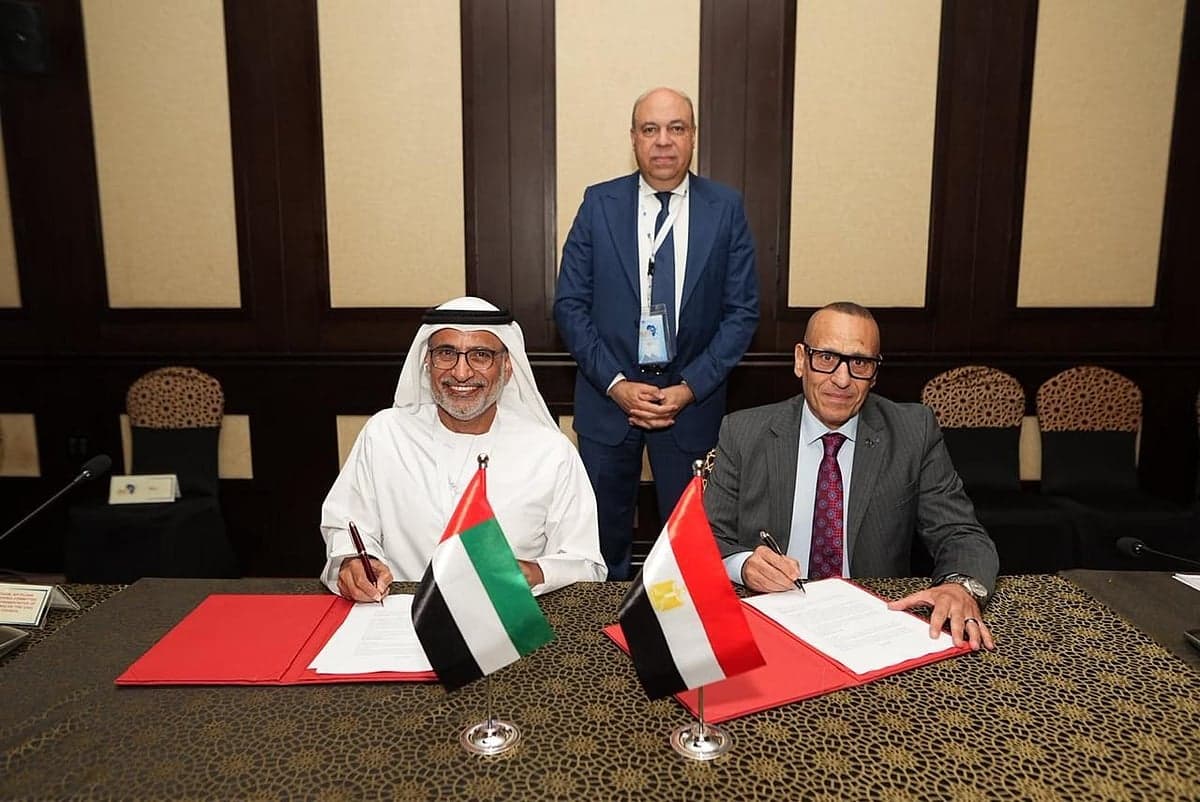 UAE and Egypt flags with an airplane symbolizing air transport agreement
