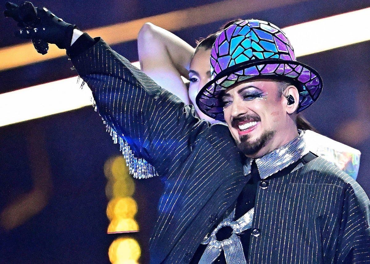 Boy George performing in a musical theater setting