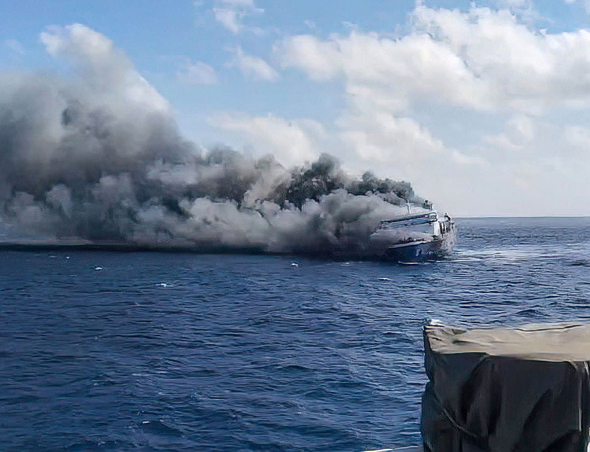 A ferry engulfed in flames off the coast of Madura Island, Indonesia.