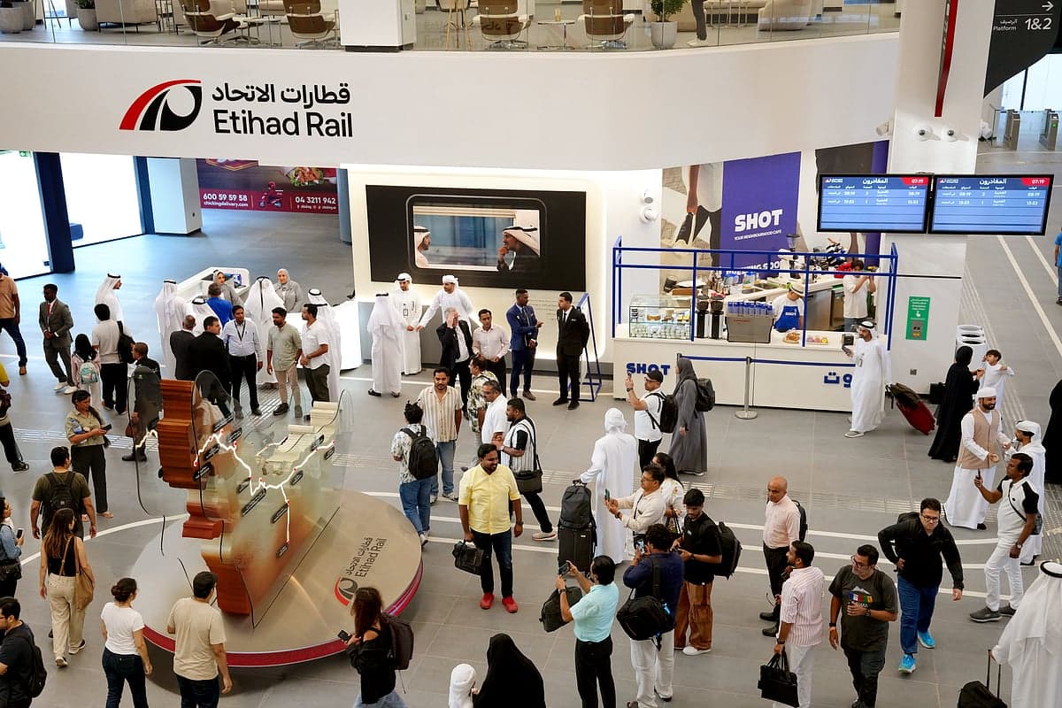 Etihad Rail train traveling through the UAE landscape