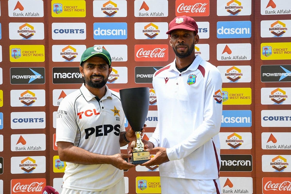 Pakistan cricket team celebrates victory over West Indies in Test match