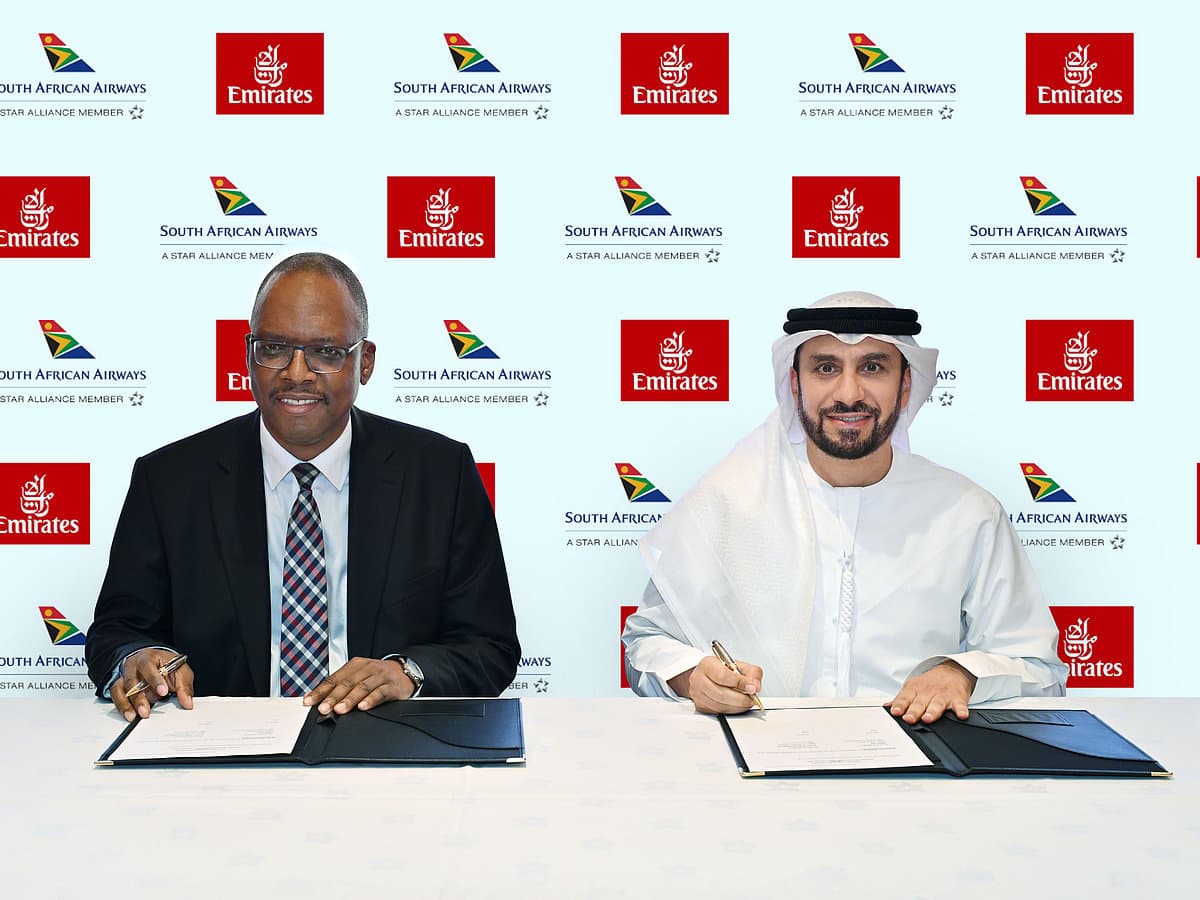 Emirates and South African Airways logos with a map of new flight routes in Africa.