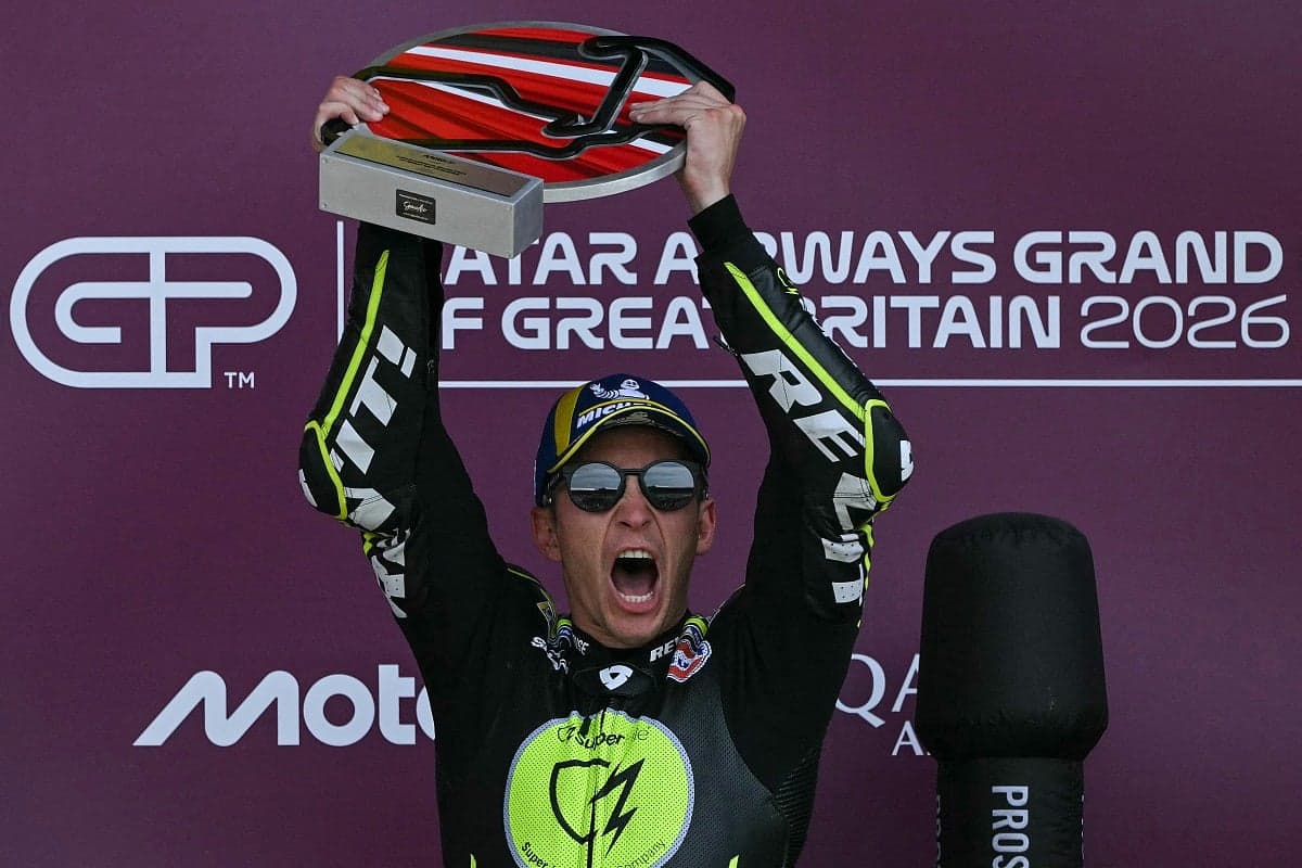 Raul Fernandez celebrating his victory at the British MotoGP Grand Prix at Silverstone.