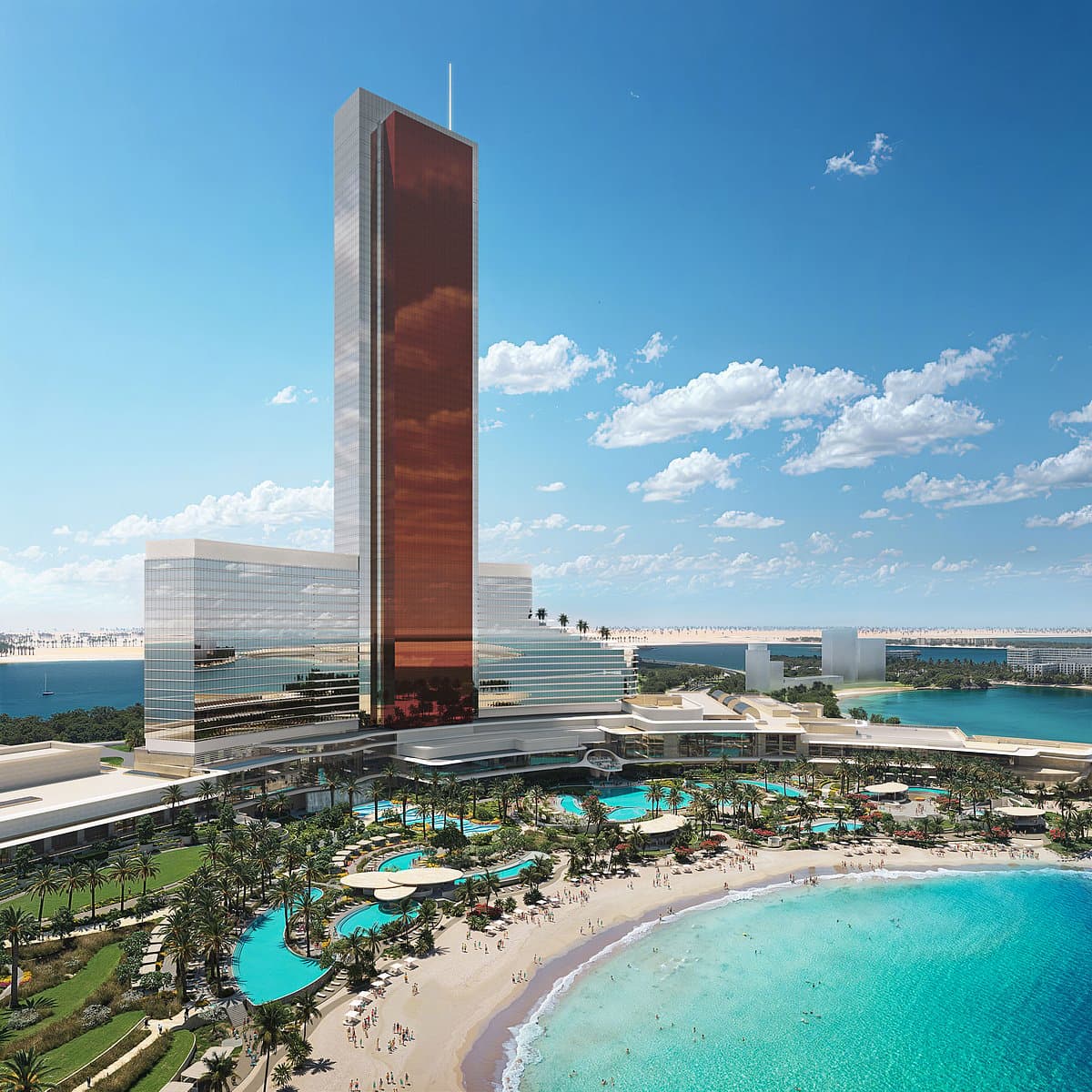 Aerial view of the newly completed beachfront at Wynn Al Marjan Island.