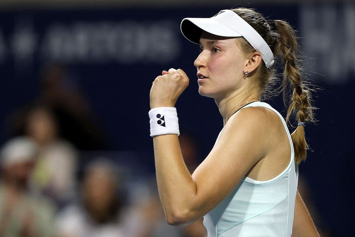 Elena Rybakina celebrating her victory over Naomi Osaka at the Canadian Open.