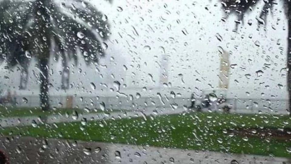 A weather forecast graphic showing extreme heat and rain predictions for the UAE.