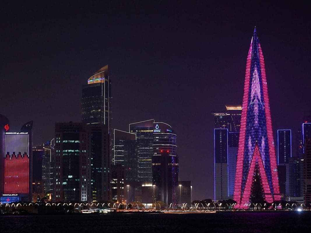 Qatar's Ministry of Foreign Affairs building with flags