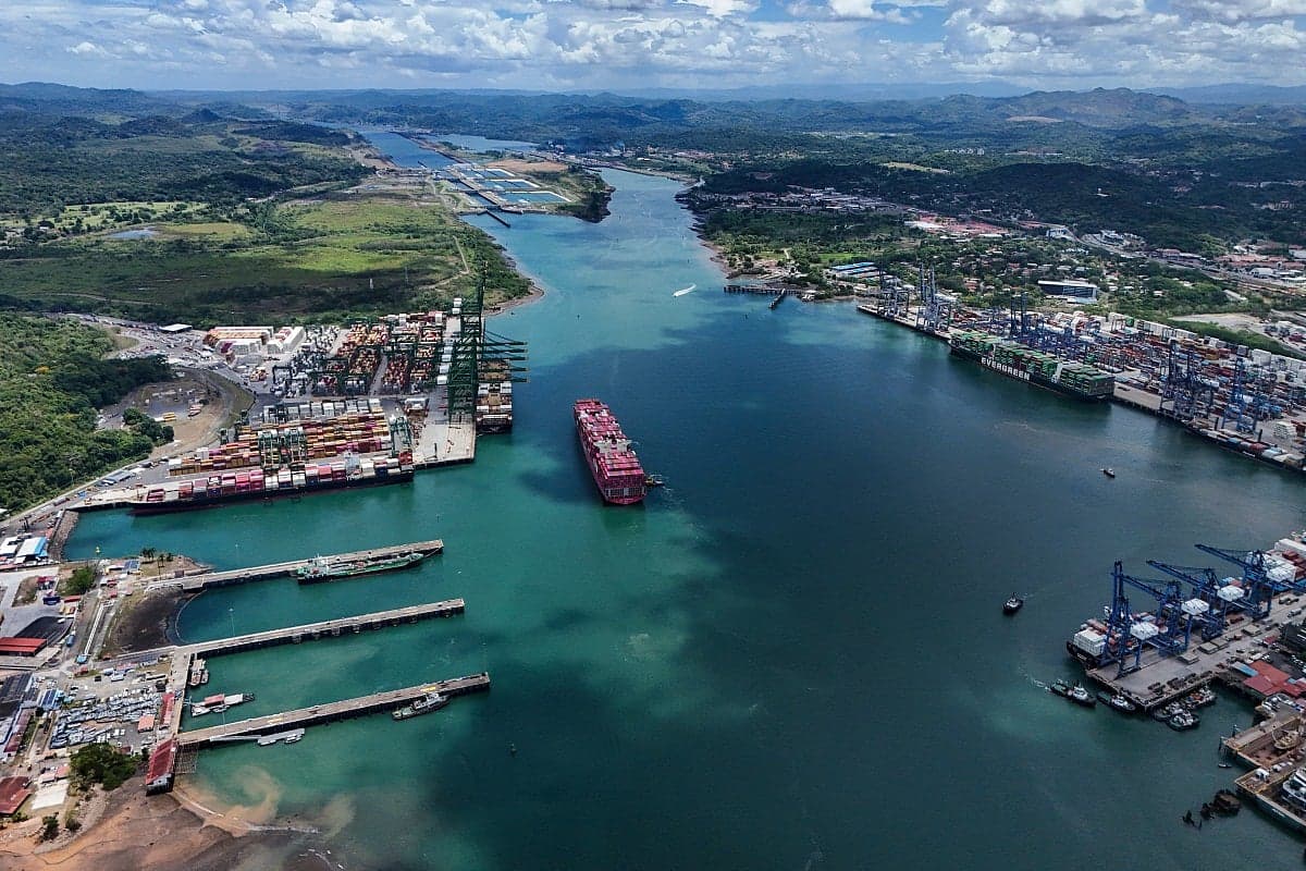 Infographic showing the impact of Panama Canal transit reductions on global shipping and freight rates.
