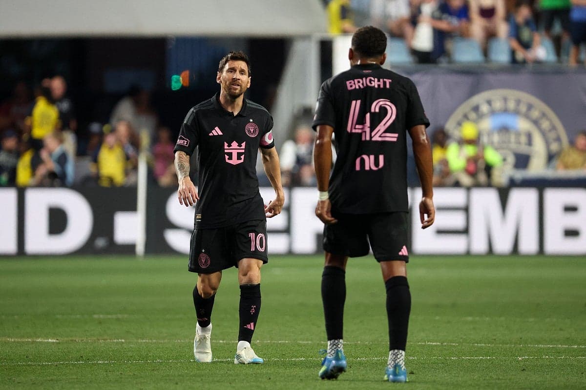 Lionel Messi celebrating his first goal since his father's death during an MLS match.