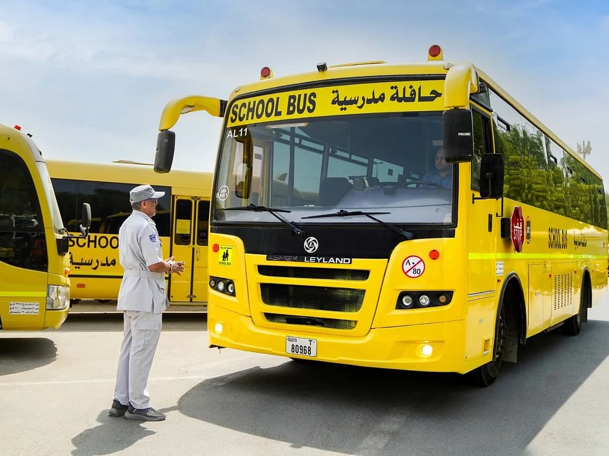 Infographic showing Dubai's RTA school bus inspection campaign details and increased transport options.