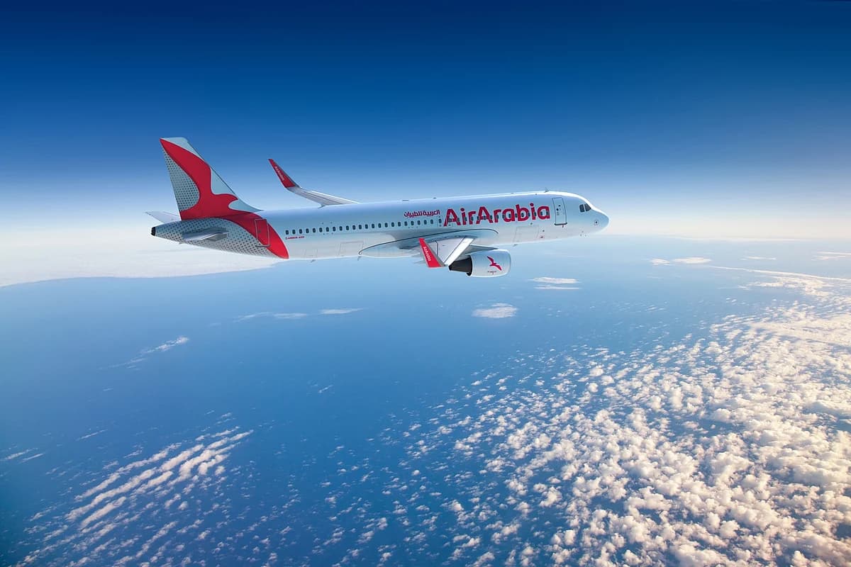 A graphic showing the new Air Arabia route from Sharjah to Düsseldorf with flight details.