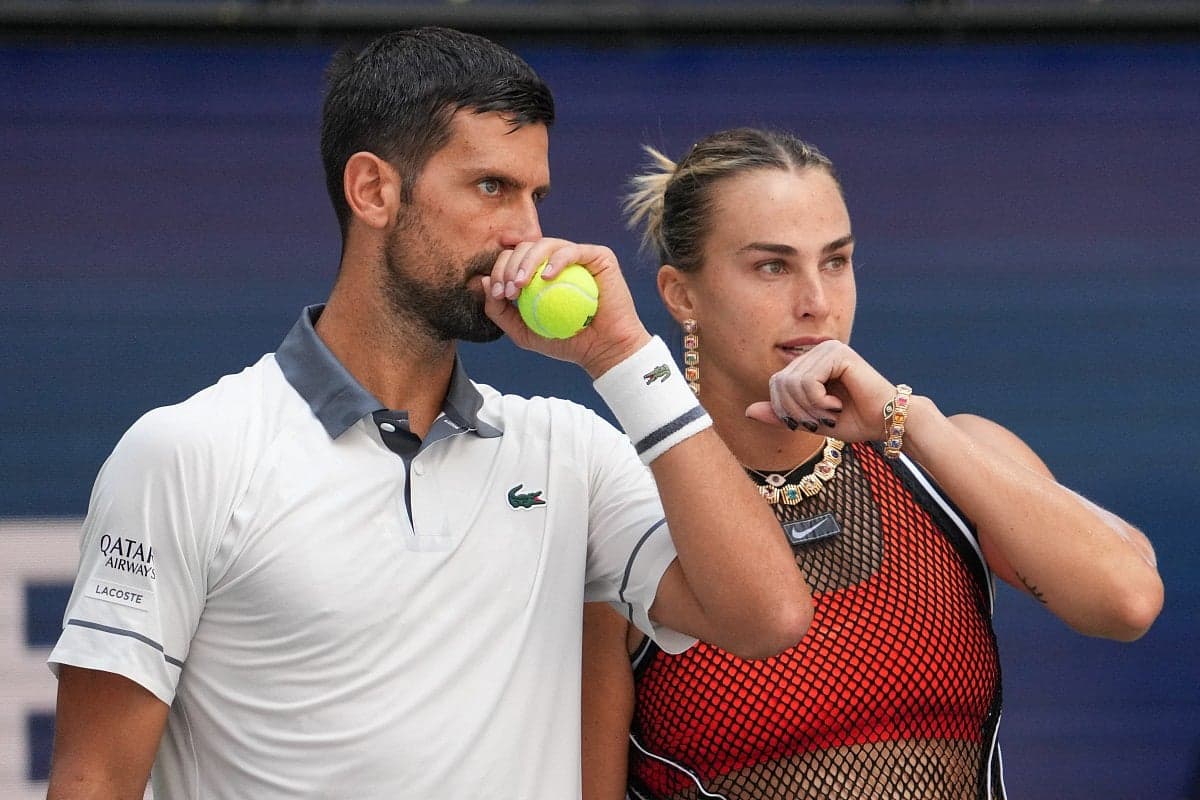 Djokovic and Sabalenka during their match at the 2026 US Open mixed doubles, showcasing their early elimination.