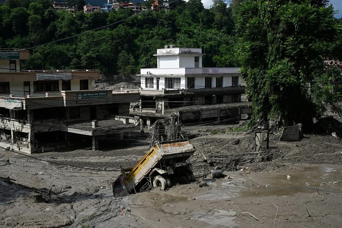 Aerial view of the Nepal-Tibet border region affected by the glacier collapse and flash flood.