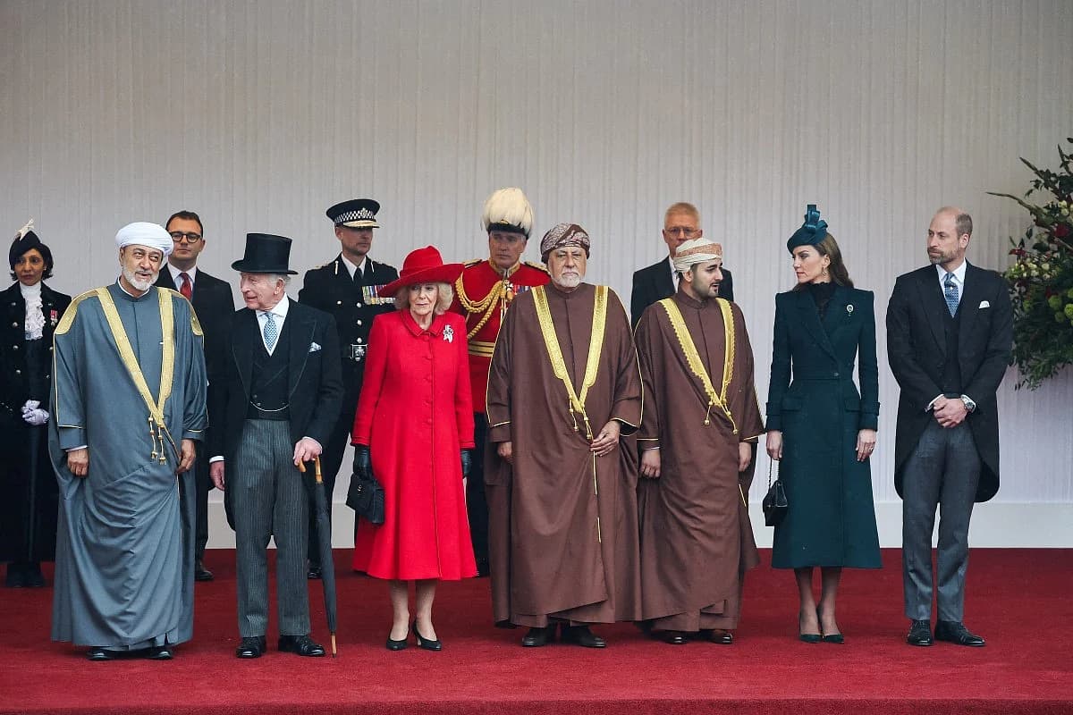 King Charles III and Sultan Haitham during a state visit, highlighting Oman's role in US-Iran mediation efforts.