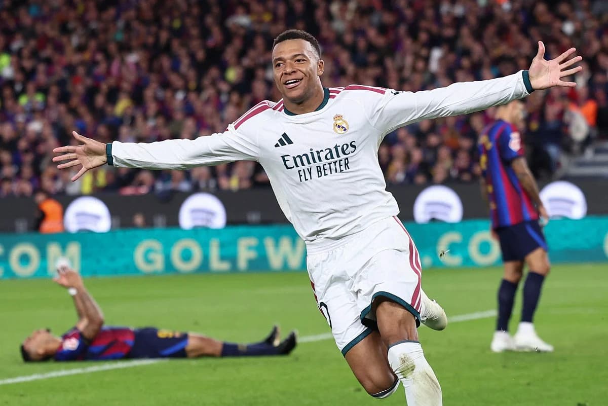 Kylian Mbappe celebrates scoring his 100th Real Madrid goal during the El Clasico win over Barcelona