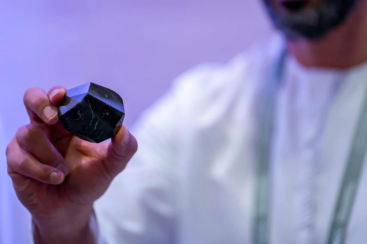 The 888.88-carat Infinity fancy black diamond on display at the Dubai Diamond Conference