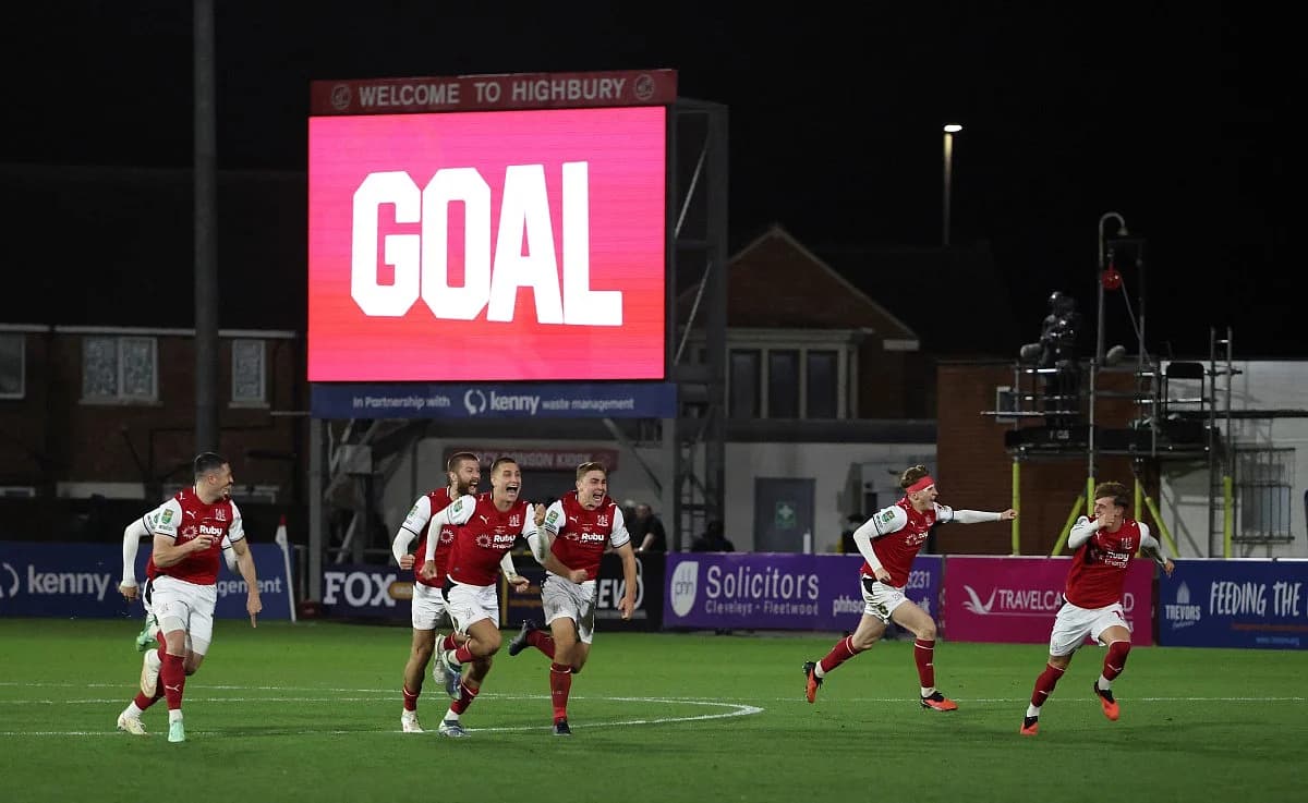 Scoreboard displaying the 5-3 penalty shootout victory for Fleetwood Town against Arsenal