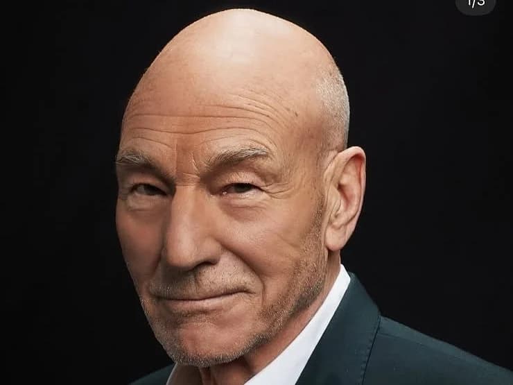 Minimalist commemorative graphic honoring actor Sir Patrick Stewart with the number 86 on a dark background