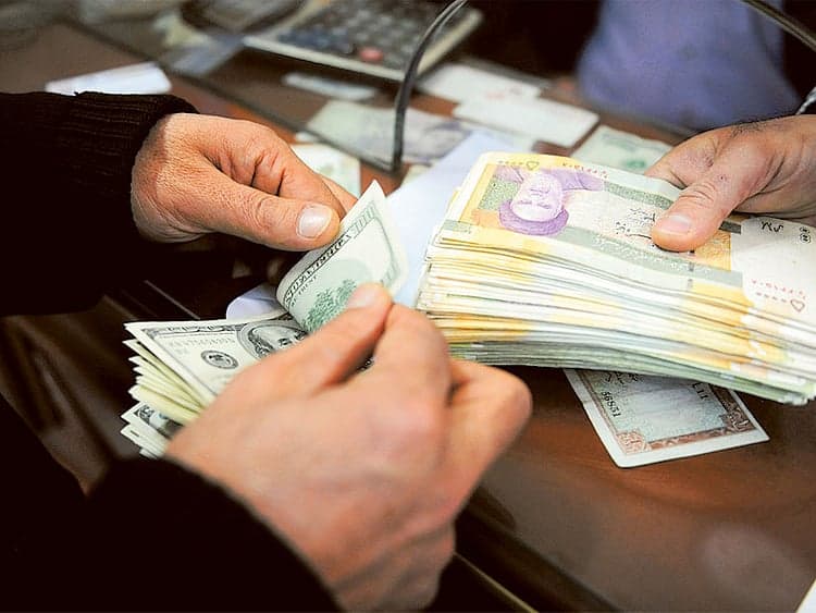 An infographic showing the Iranian rial's decline against the US dollar, highlighting sanctions and economic impacts.