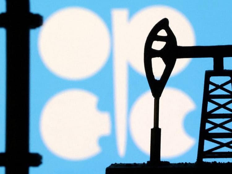OPEC+ logo with oil barrels and fluctuating price graph