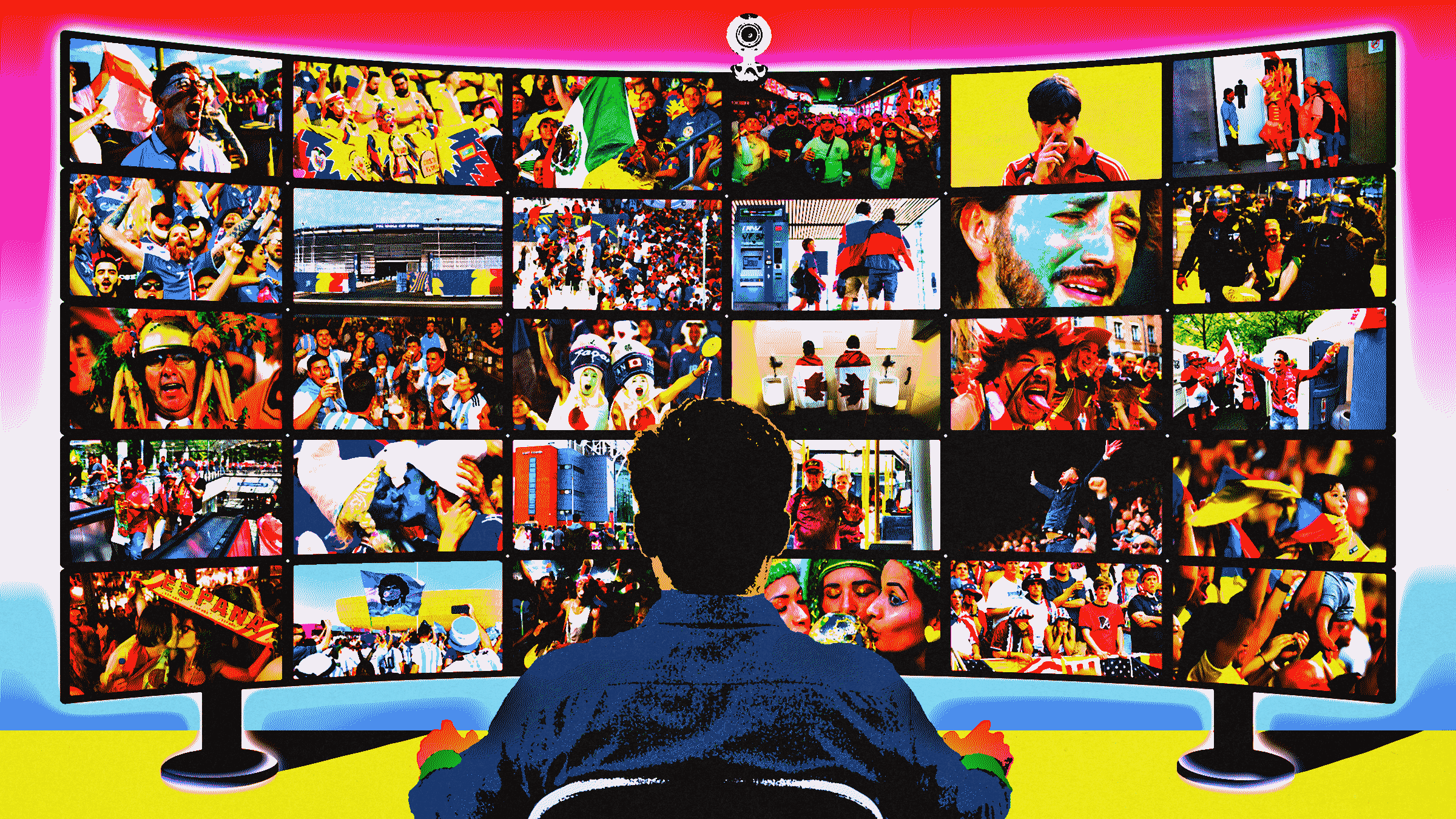 Infographic showing biometric surveillance measures for soccer fans during the 2026 World Cup.