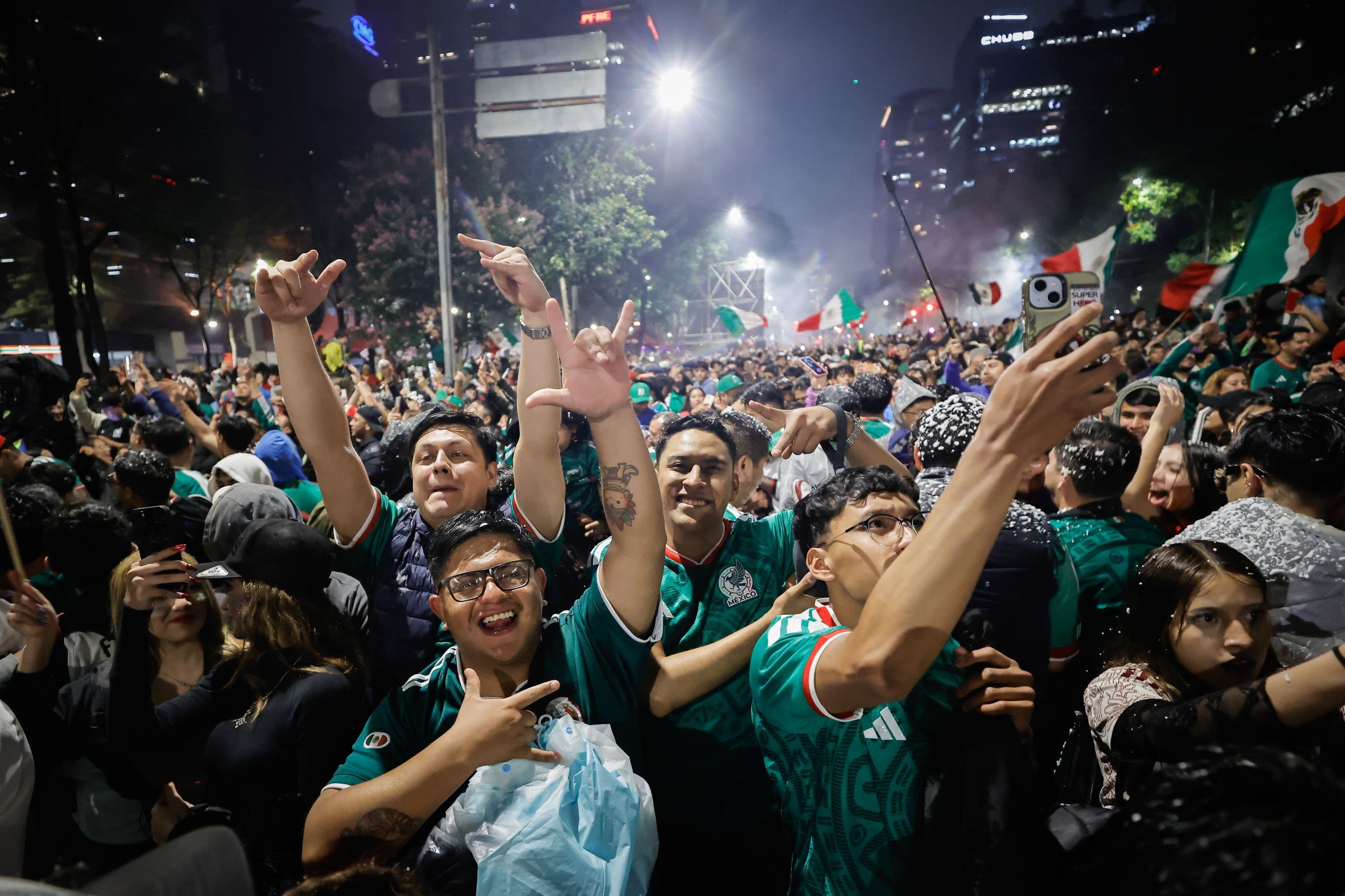 Fans celebrating during the World Cup match between Mexico and Ecuador.
