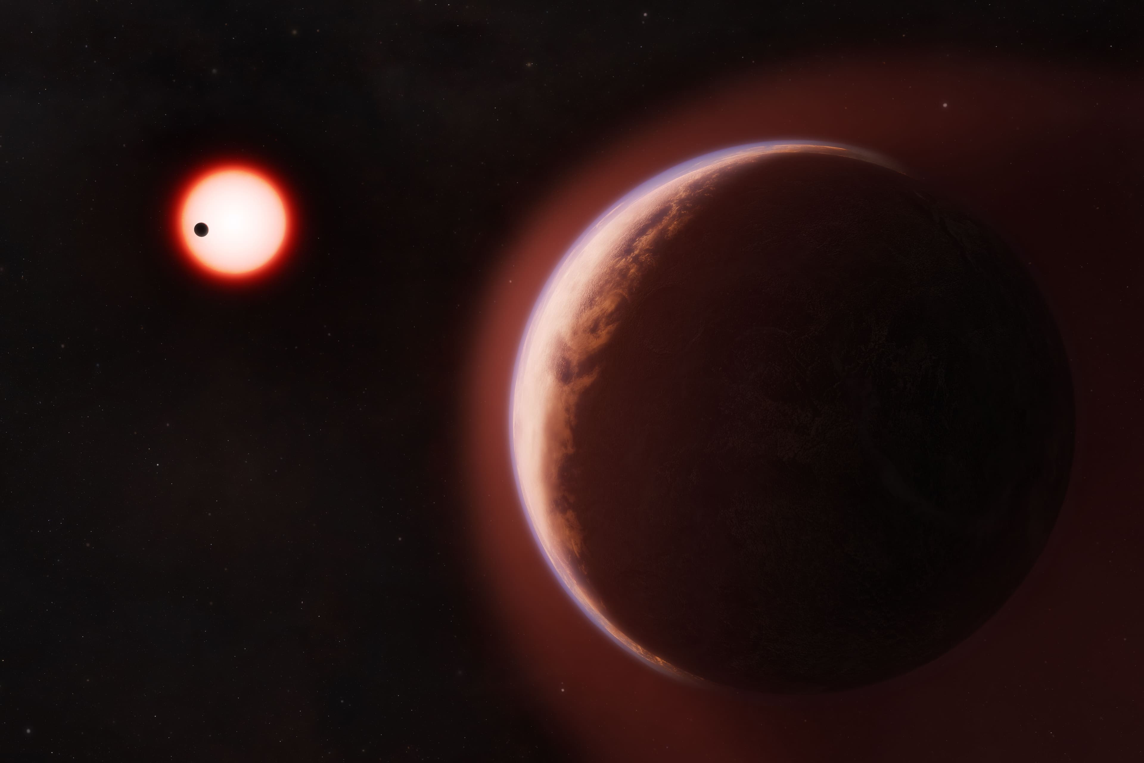 Illustration of a rocky exoplanet with an atmosphere in the habitable zone of a distant star.