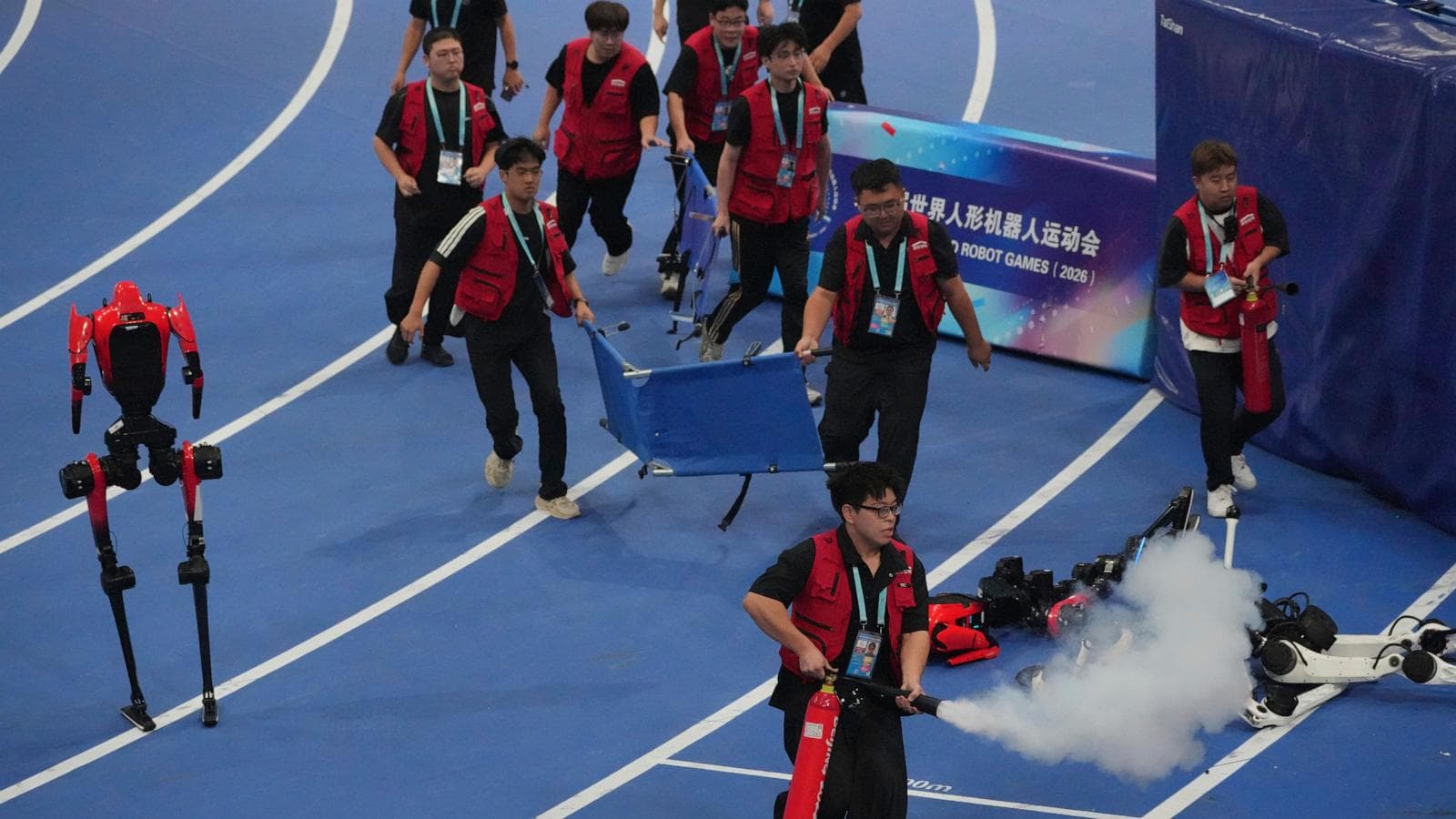 Tiangong Ultra humanoid robot sprinting at the World Humanoid Robot Games, showcasing advanced robotics technology.