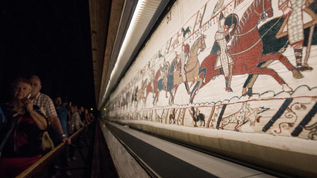 The Bayeux Tapestry displayed at the British Museum in London.