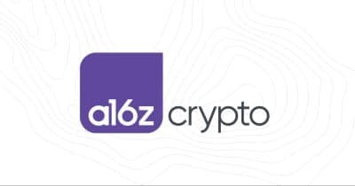 Andreessen Horowitz's logo with a backdrop of cryptocurrency symbols
