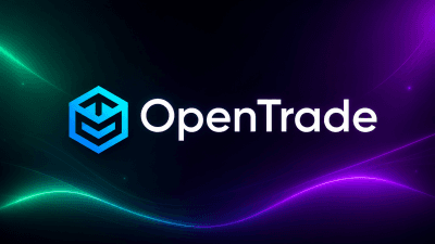 OpenTrade logo with a backdrop of digital finance graphics