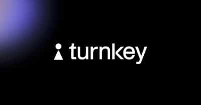 Turnkey logo with a backdrop of digital cryptocurrency symbols