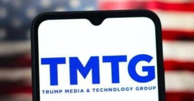 Trump Media logo with Bitcoin graphics illustrating financial challenges.