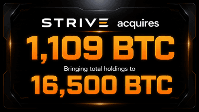 Strive, Inc. logo with Bitcoin graphics in the background