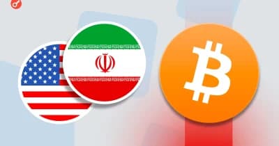 US and Iran flags with Bitcoin symbol representing negotiations impact on cryptocurrency.