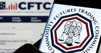 CFTC logo with a backdrop of cryptocurrency symbols