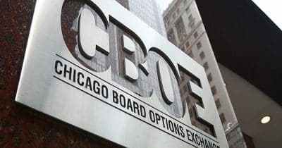 CBOE logo with a backdrop of cryptocurrency trading charts