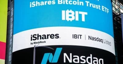 BlackRock's iShares Bitcoin Trust logo with a declining graph background
