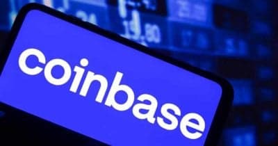 Coinbase logo with a backdrop of financial trading graphics