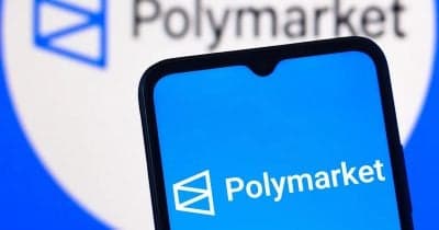 Polymarket logo with a backdrop of the French flag and legal symbols.