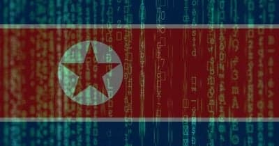 North Korean flag with digital security symbols representing cybercrime and financial integrity.
