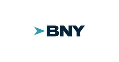 BNY Mellon logo with blockchain technology graphics