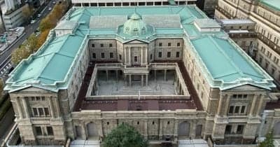 Bank of Japan building with financial graphs overlay