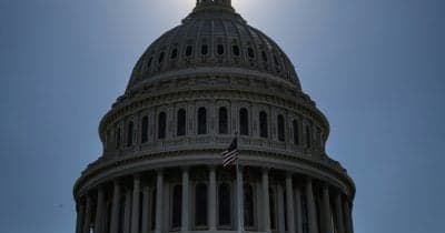 Senate building with a digital asset overlay representing cryptocurrency regulation.