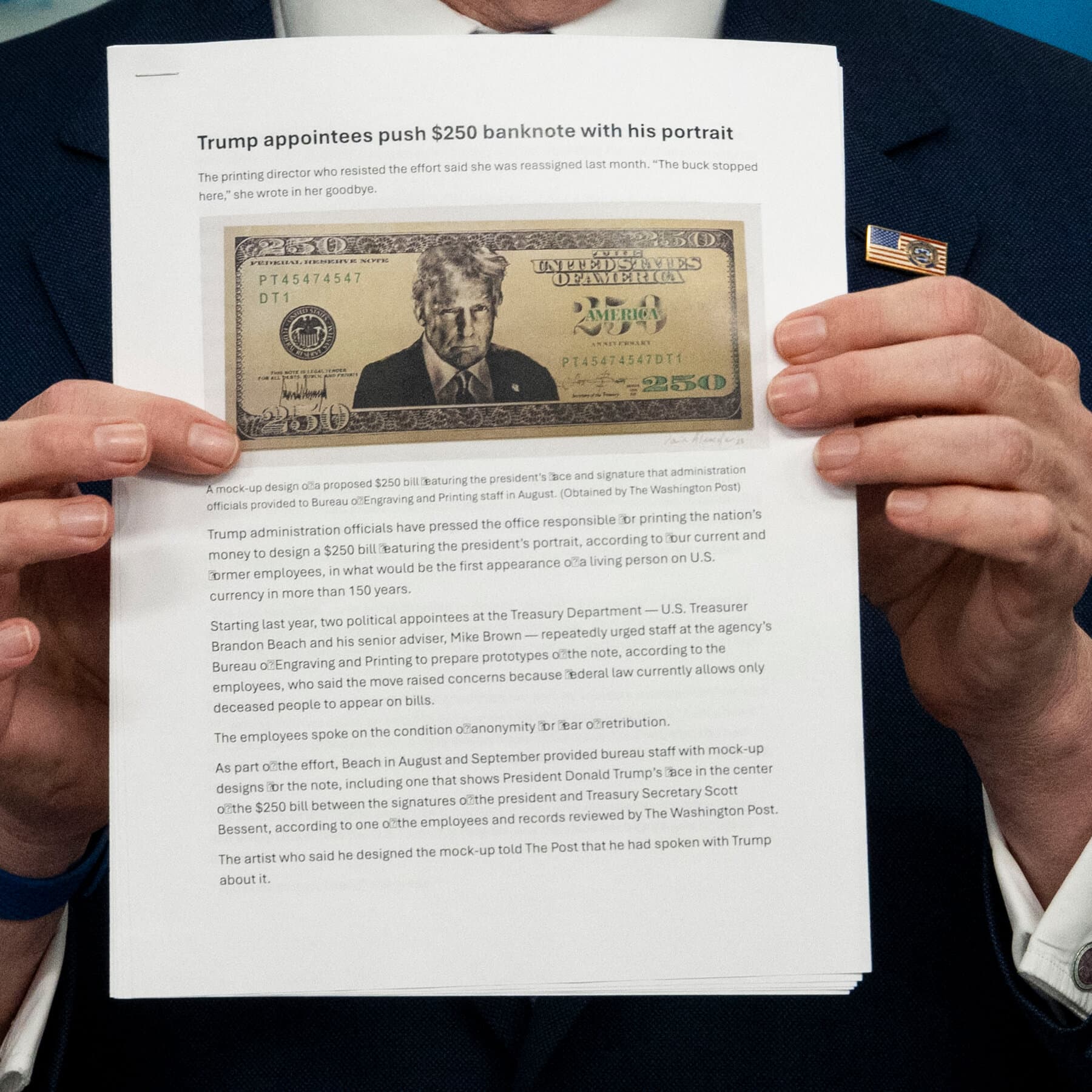 An infographic showing the proposed $250 bill featuring Donald Trump and its potential impact on U.S. currency.