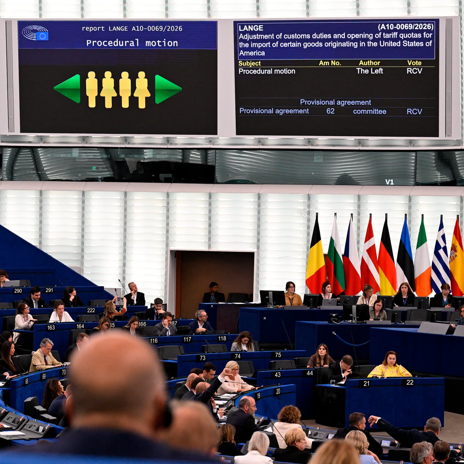 European Parliament building with flags representing the EU and the US.