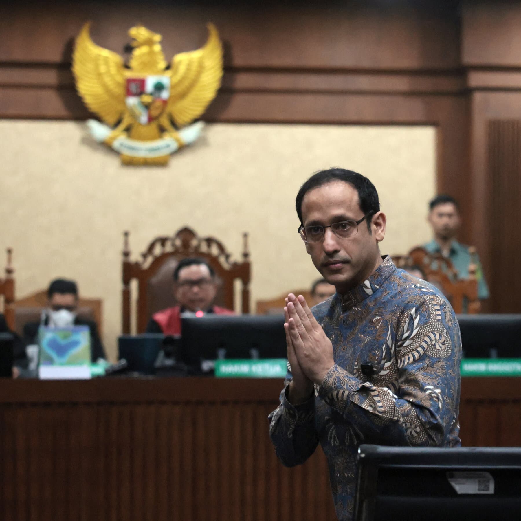 Nadiem Makarim during a press conference related to his corruption case.