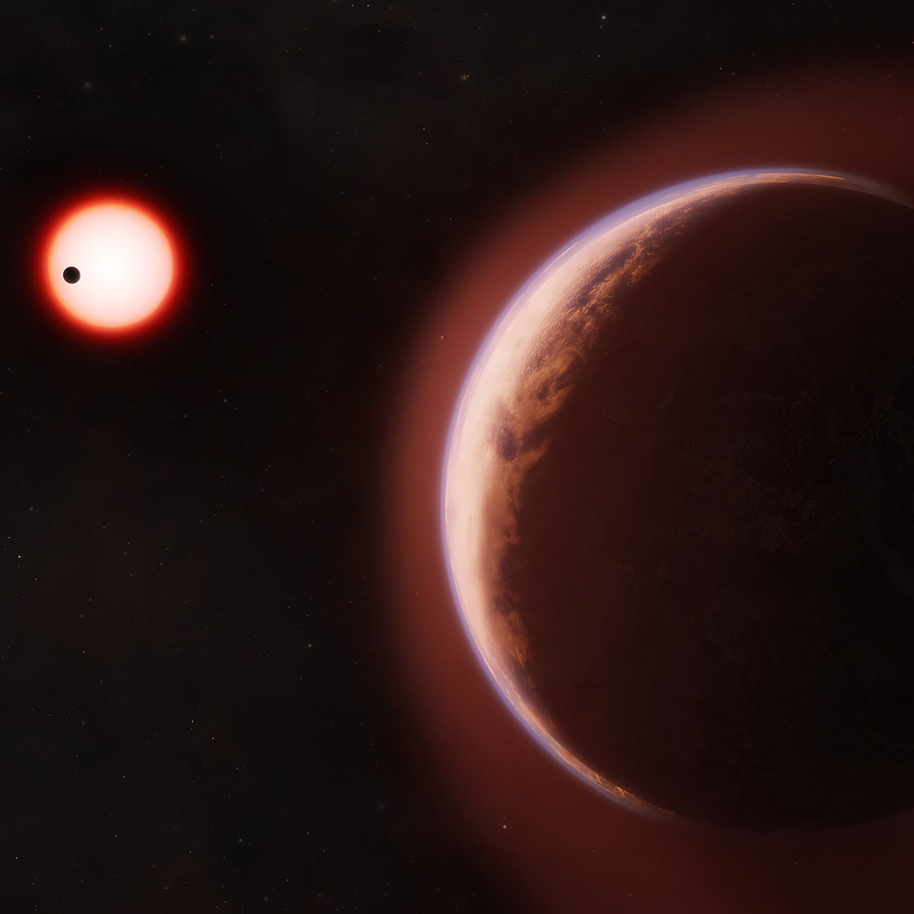Illustration of the rocky exoplanet LHS 1140b with its atmosphere