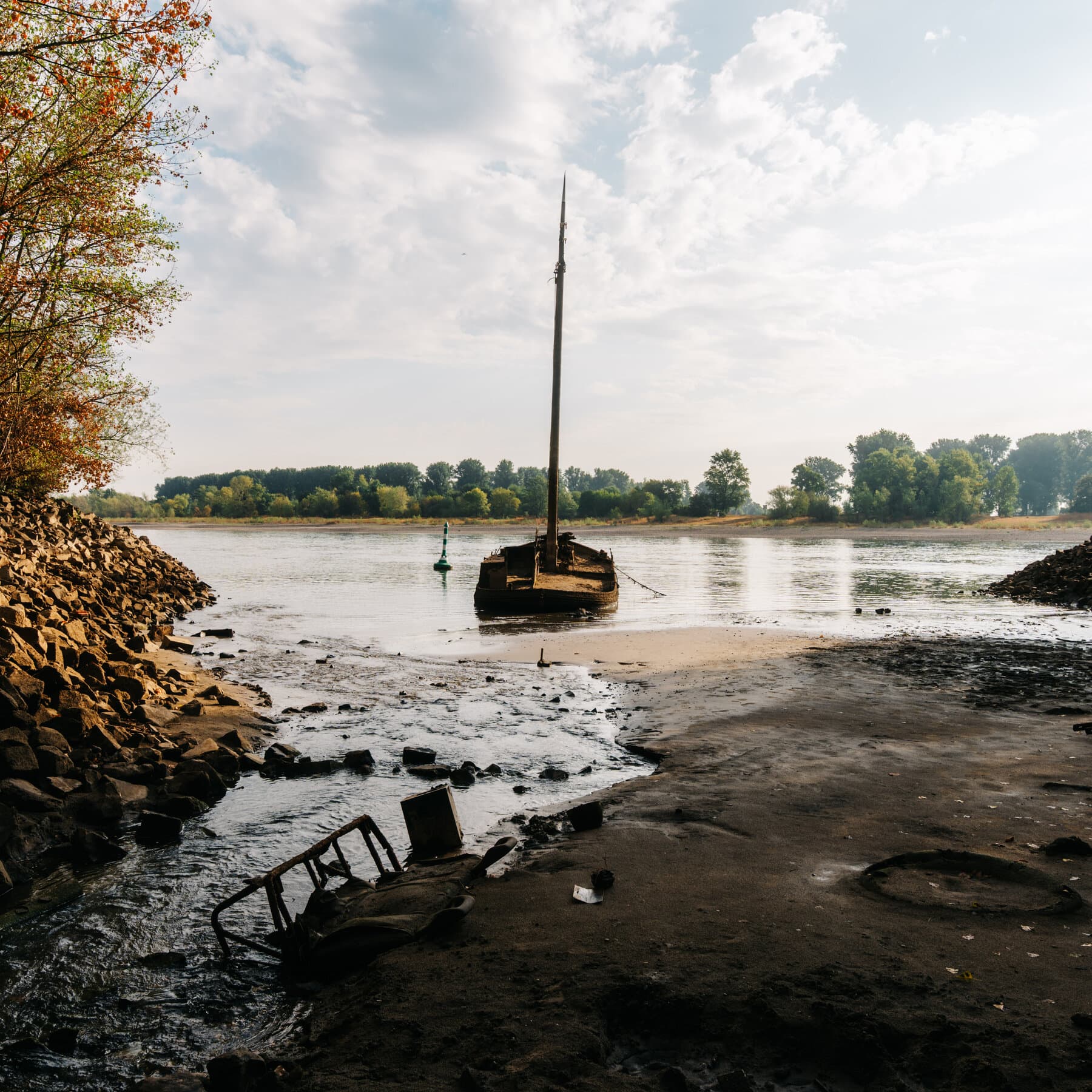 Aerial view of the Danube River showing low water levels and exposed artifacts.