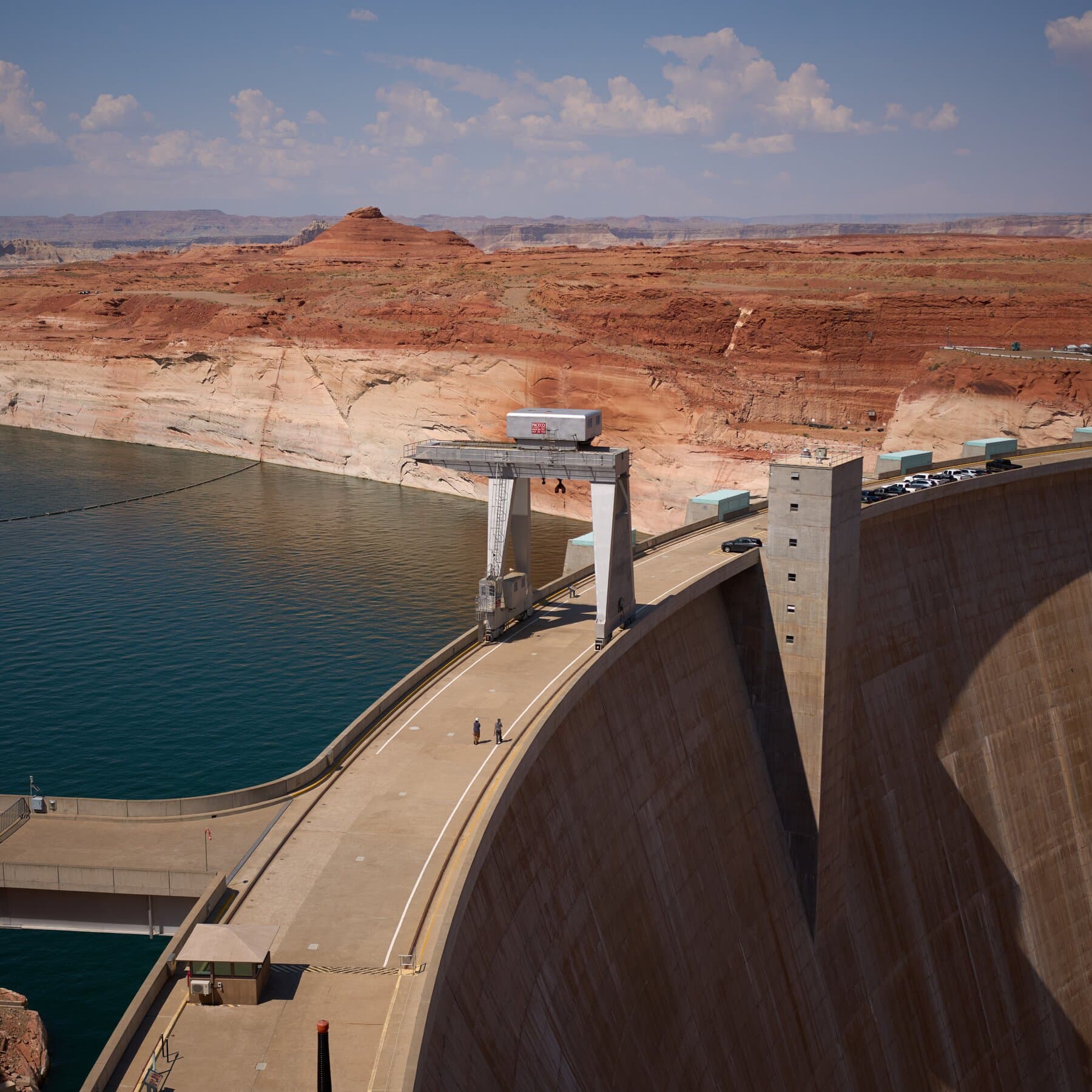 Aerial view of Lake Powell showing low water levels and surrounding landscape.